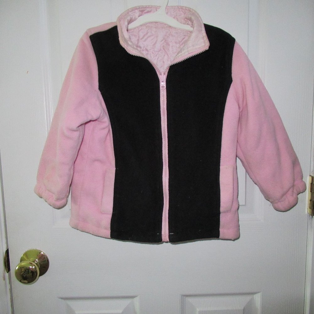 GIRLS SIZE 5T FADED GLORY PINK REVERSIBLE QUILTED FLEECE JACKET WITH HOOD